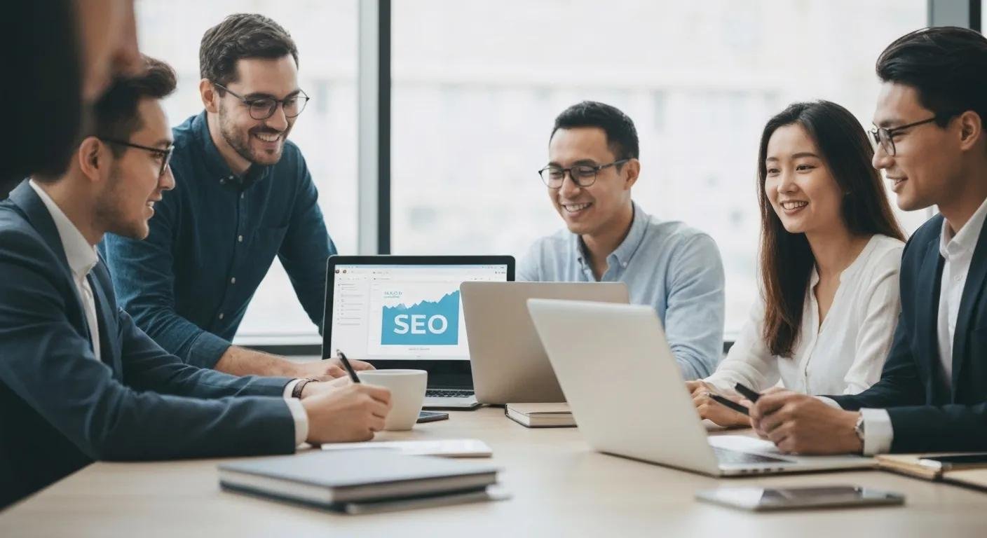 Team of professionals collaborating on SEO strategies in a modern office
