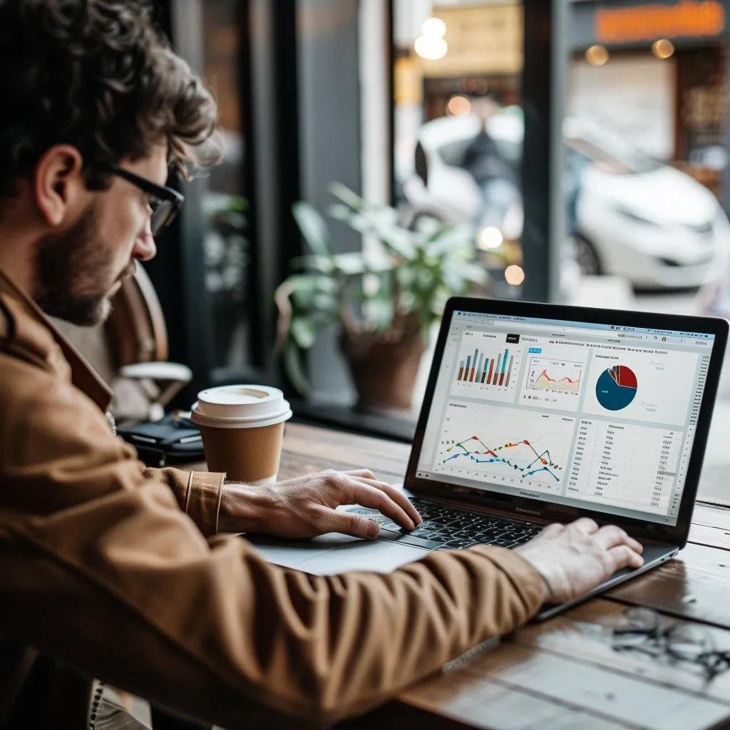 Local business owner reviewing SEO software metrics in a café