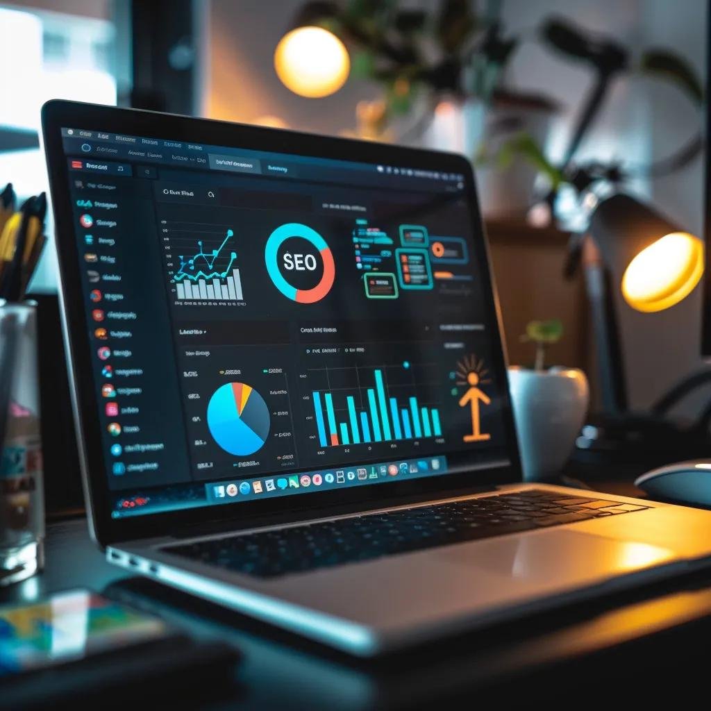 Collection of popular SEO tools and software on a well-organized workspace desk