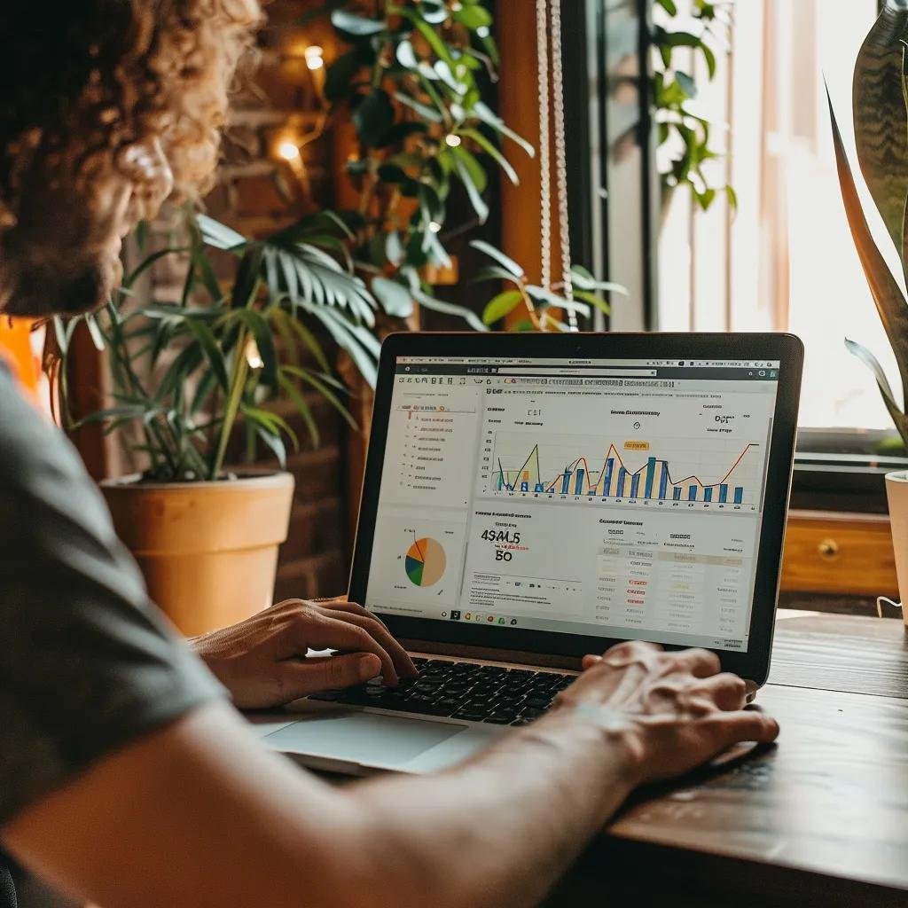 Person analyzing keyword research tools for local SEO in a cozy workspace