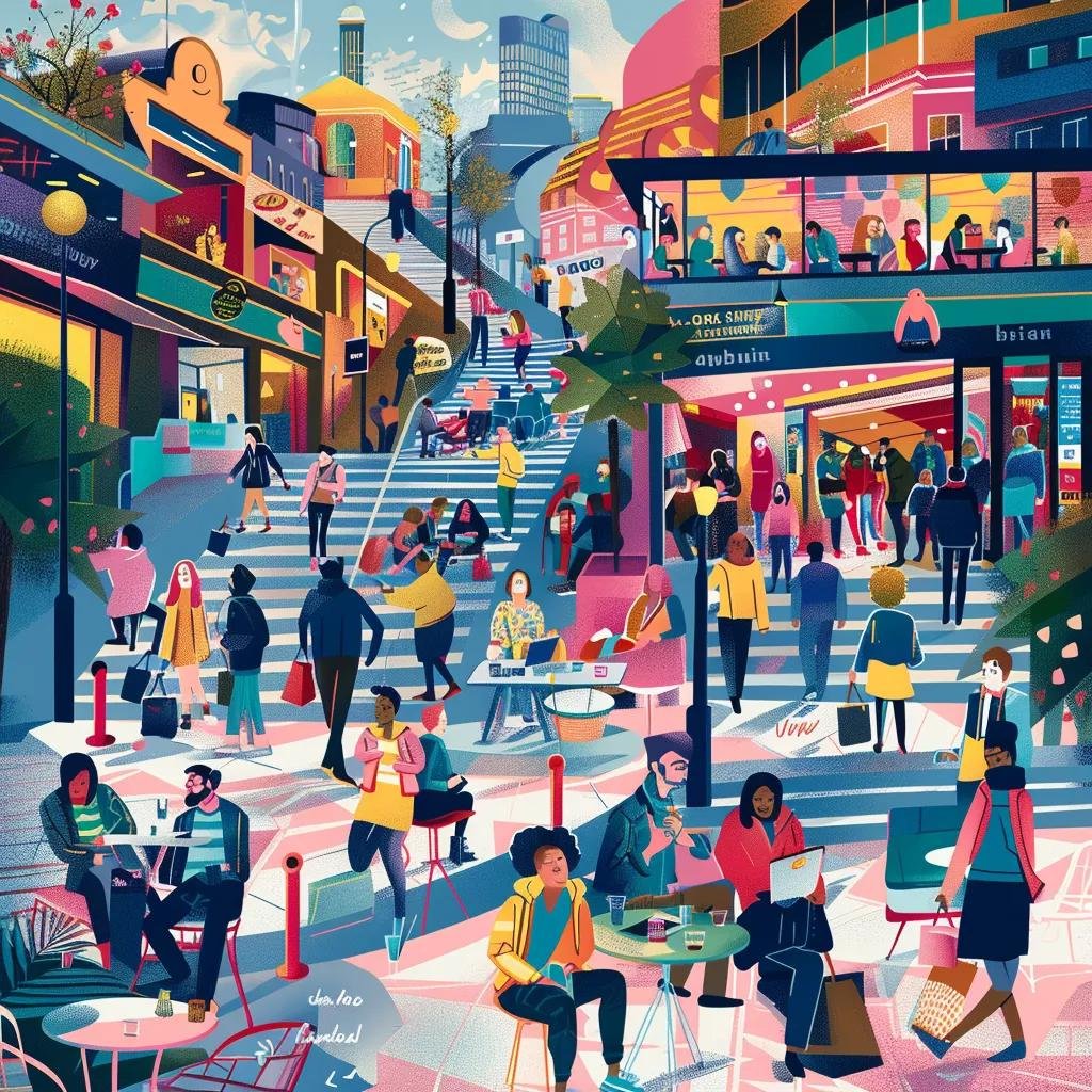 Diverse group of people in Leeds engaging in shopping and dining activities, reflecting local consumer trends