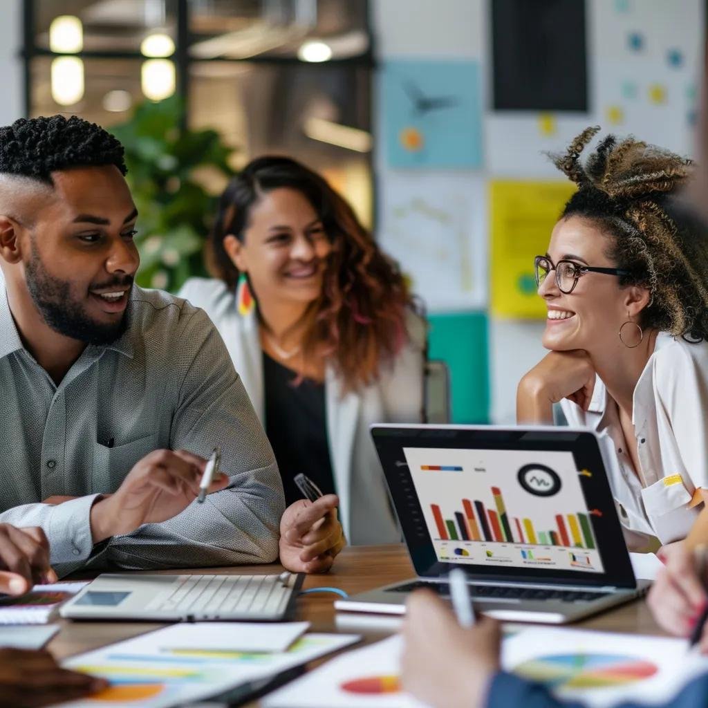 Group of professionals collaborating on keyword research strategies in a modern office