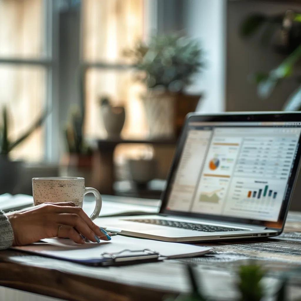 Person using keyword research tools on a laptop in a cozy workspace