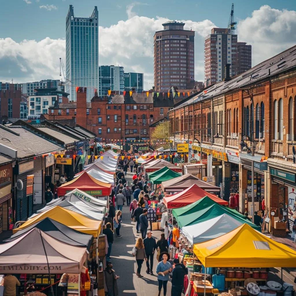 Leeds market scene with local businesses and customers, emphasizing local SEO importance