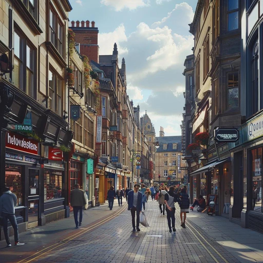 Leeds city street bustling with local businesses, highlighting community engagement and local SEO strategies