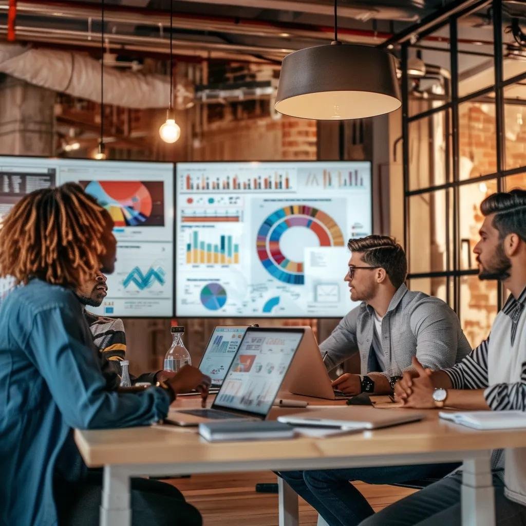 Professionals collaborating on digital marketing strategies in a modern Leeds office, showcasing the demand for digital services